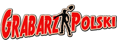 Logo portalu Grabarz Polski. Czerwony napis z nazwą w komiksowym stylu. Pośrodku mężczyzna trzymający łopatę.