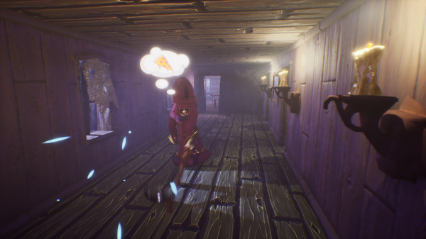 Screen z gry Hotel Afterlife. Mroczny długi korytarz ze świecami przywieszonymi na ścianie, na środku mężczyzna w czerwonym stroju i kapturze, nad nim dymek z grafiką przedstawiającą kawałek pizzy.