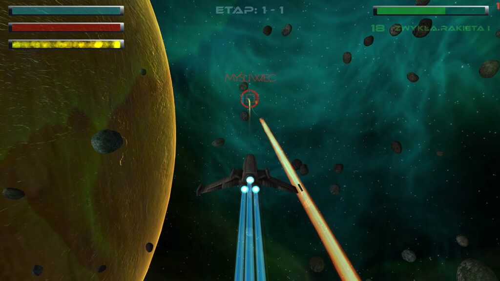 Screen z gry Hostile Dimension. Na środku ekranu znajduje się samolot, z lewej strony w tle widać olbrzymią żółtą planetę, wokół latają drobne meteoryty.