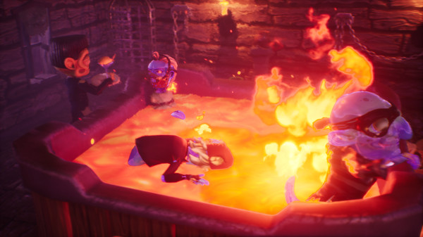 Screen z gry Hotel Afterlife. Komiksowa estetyka, postaci kąpią się w jacuzzi z ogniem zamiast wody.