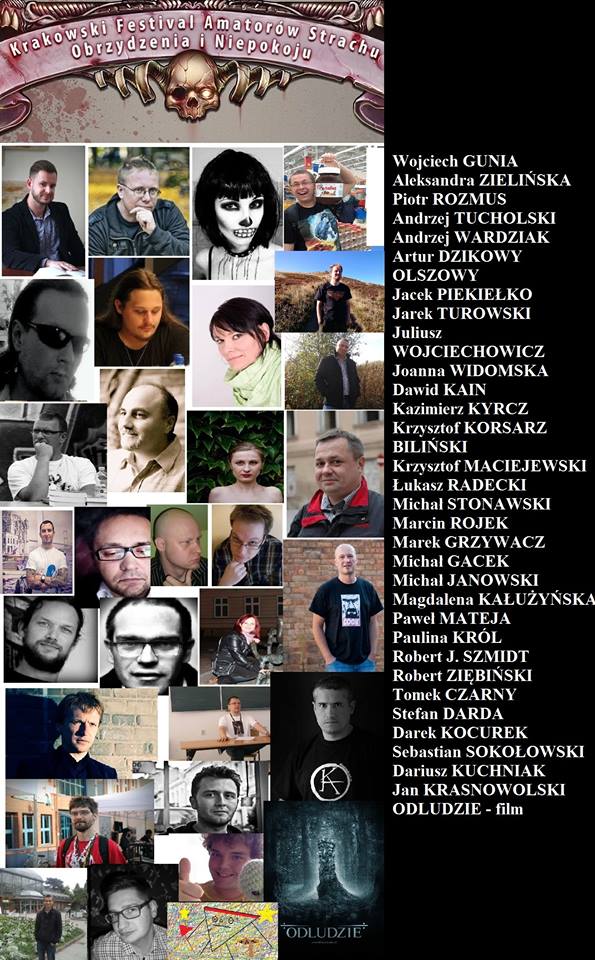 Plakat Krakowskiego Festiwalu Amatorów Strachu Obrzydzenia i Niepokoju. Na plakacie zdjęcia zaproszonych gości, z prawej strony czarna kolumna z napisanymi białą czcionką nazwiskami gości.
